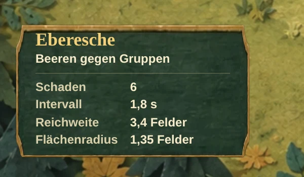 Die Karte der Eberesche vorher: Schaden 6, Intervall 1,8 s, Reichweite 3,4 Felder, Flächenradius 1,35 Felder