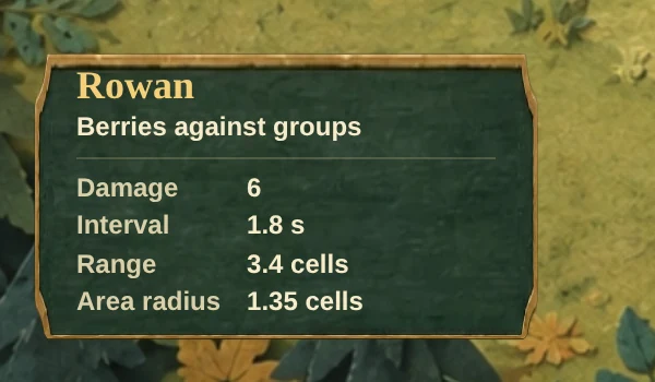 The rowan's card before: Damage 6, Interval 1.8 s, Range 3.4 cells, Area radius 1.35 cells