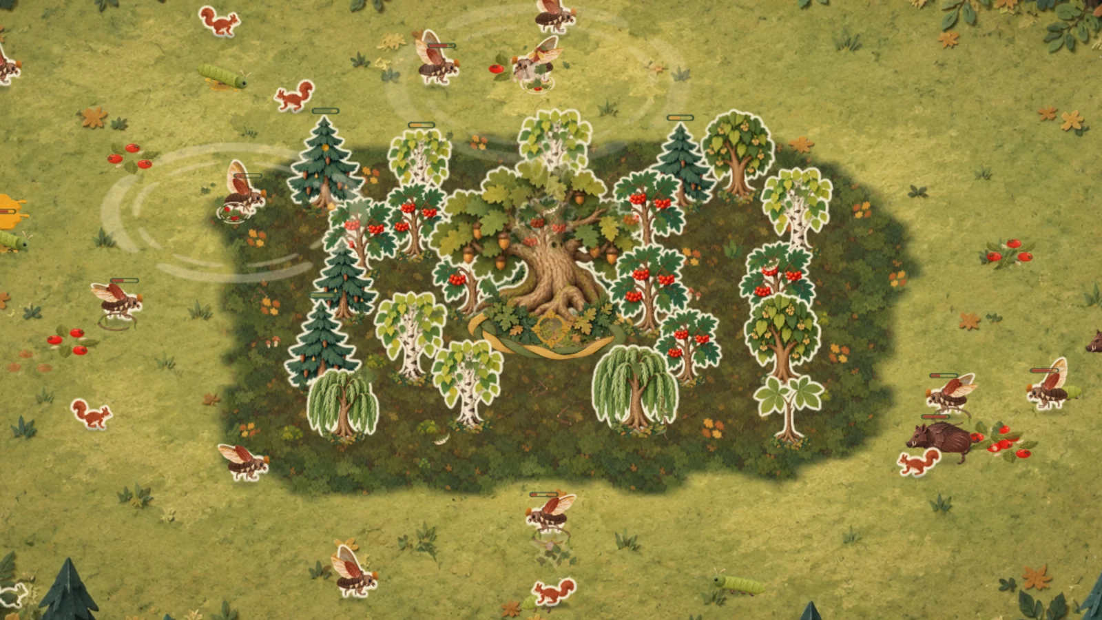 Level 7 of the Forest Clearing in the middle of a wave: the oak among rowans, birches, spruces, willows, lindens and a horse chestnut, while cockchafers, squirrels, caterpillars and wild boars come in across the meadow