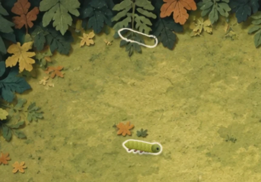 The same moment in today's version: under the leaves a second caterpillar shows as a light outline