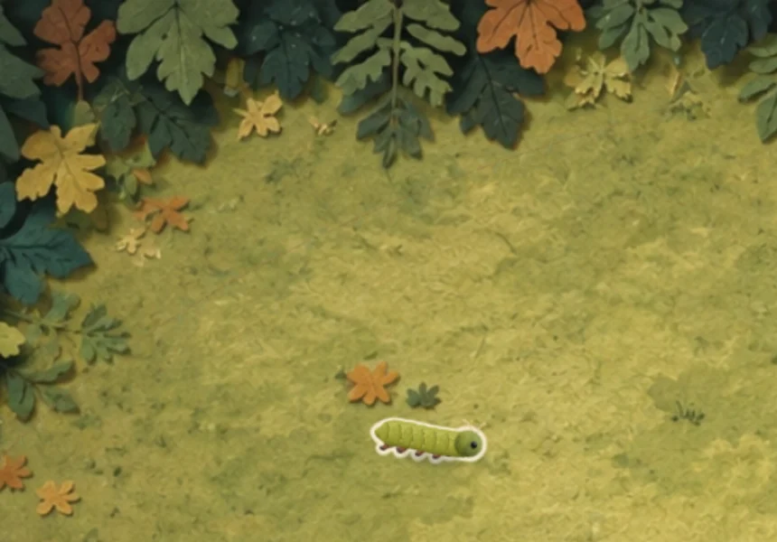 The upper forest edge in level 1 in the version from October 13: nothing shows under the leaves, and a caterpillar crawls across the meadow