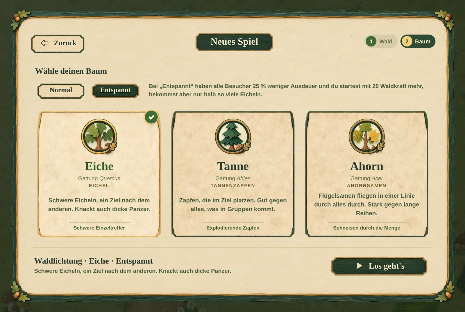 Neues Spiel, Schritt Baum: über Eiche, Tanne und Ahorn die Wahl zwischen „Normal“ und „Entspannt“, gewählt ist „Entspannt“
