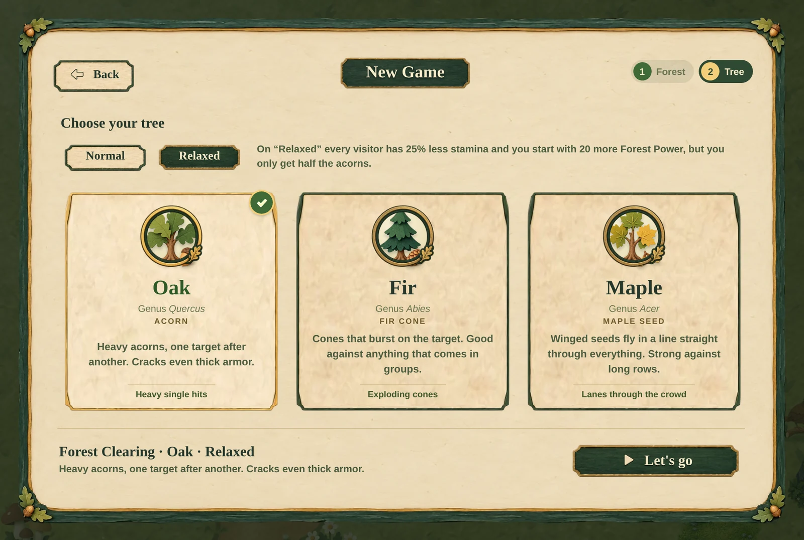 New Game, Tree step: above the oak, the fir and the maple, the choice between “Normal” and “Relaxed”, with “Relaxed” selected