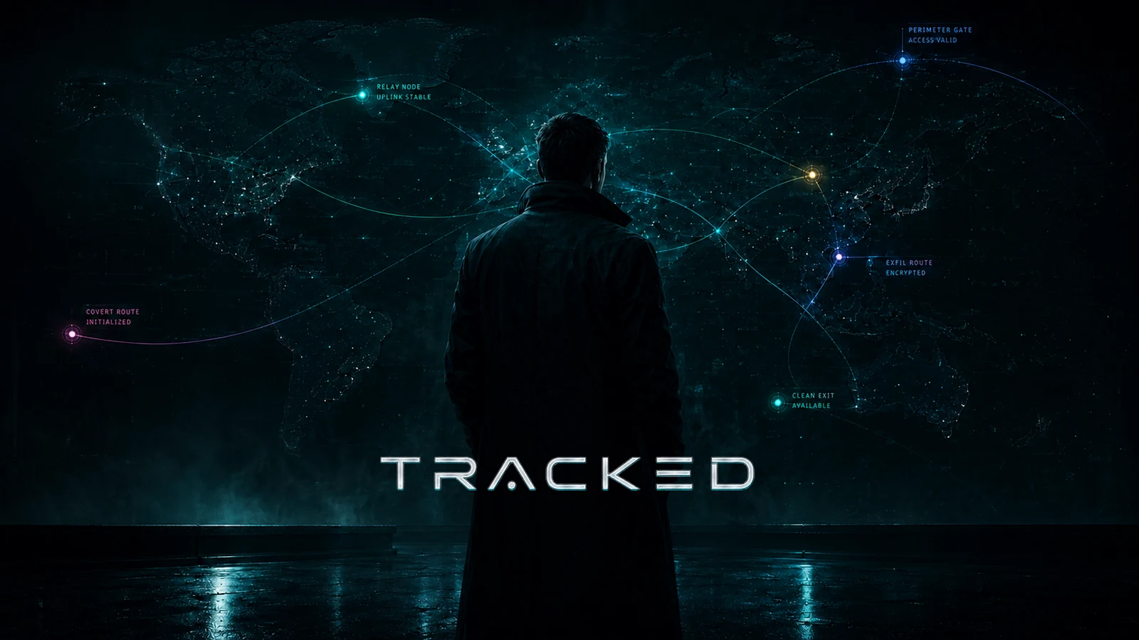 Key Art von Tracked: eine Gestalt im langen Mantel vor einer leuchtenden Weltkarte mit Routen zwischen Relay-Knoten, darunter der Schriftzug Tracked